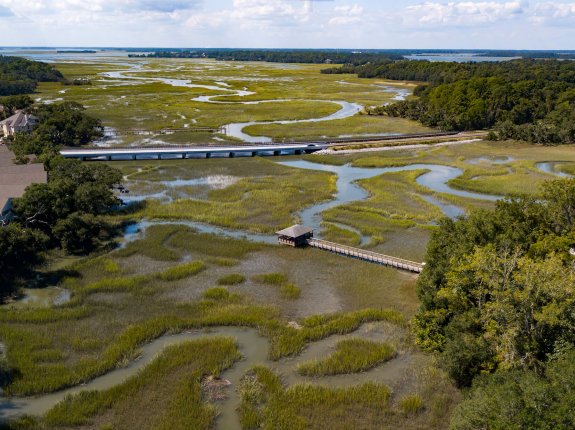 Aerial shot of lowlands with marshes and rivers