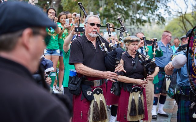 Pipe and Drums making their way down Pope Avenue at the St Patrick's Day Parade on Hilton Head Island.